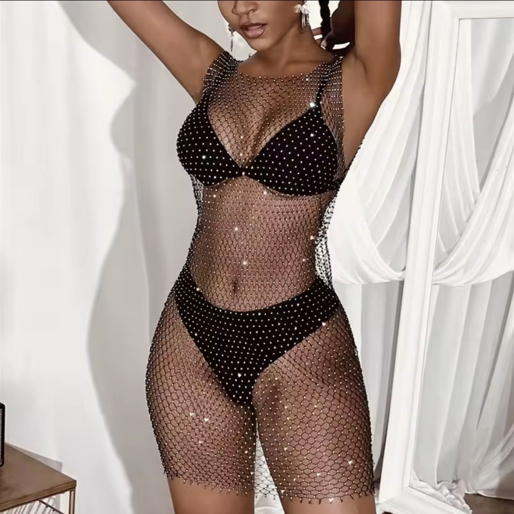 GOLD Mesh Rhinestone Dress Beach Cover